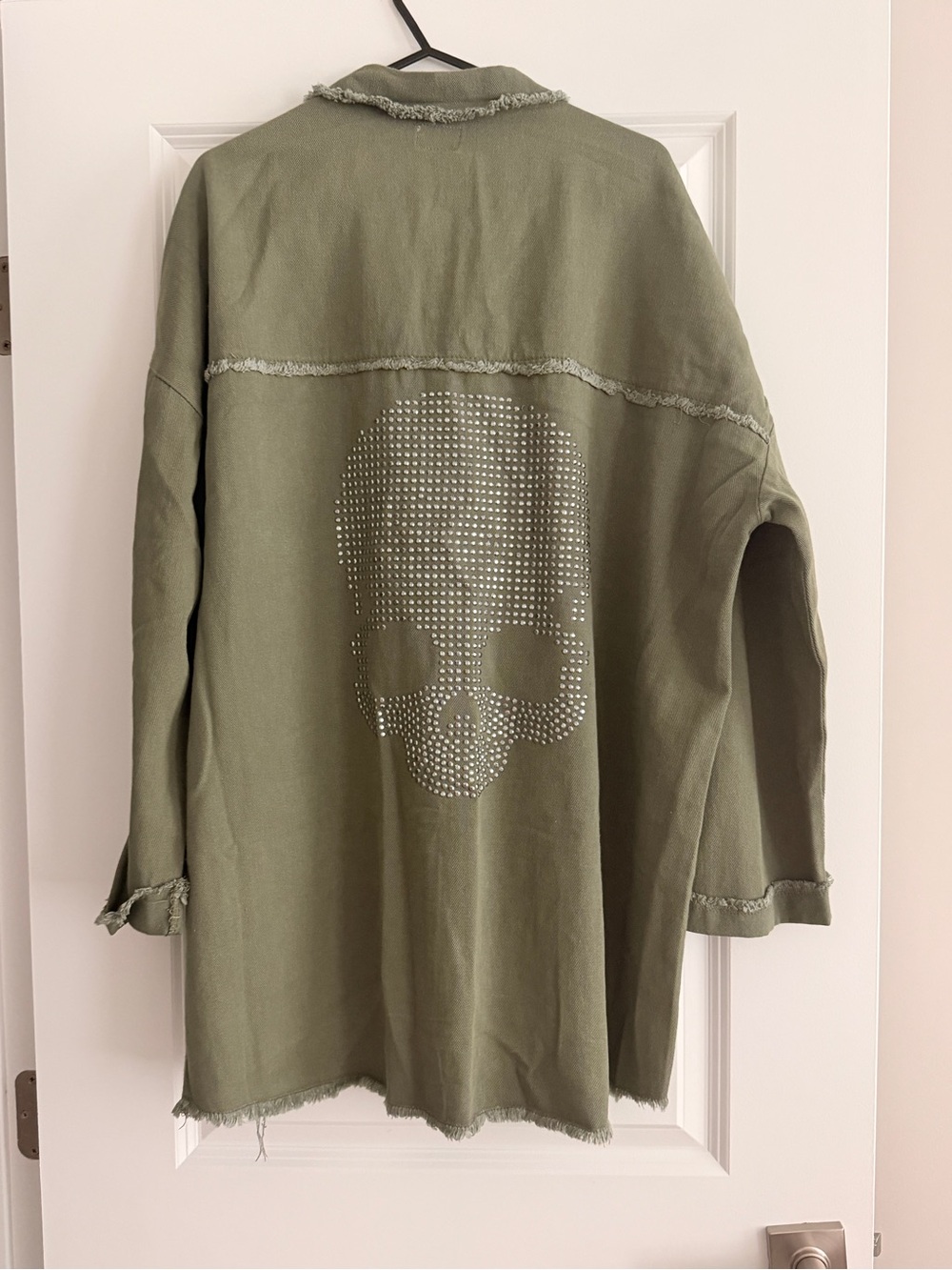 Olive Green Frayed-Trim Utility Jacket